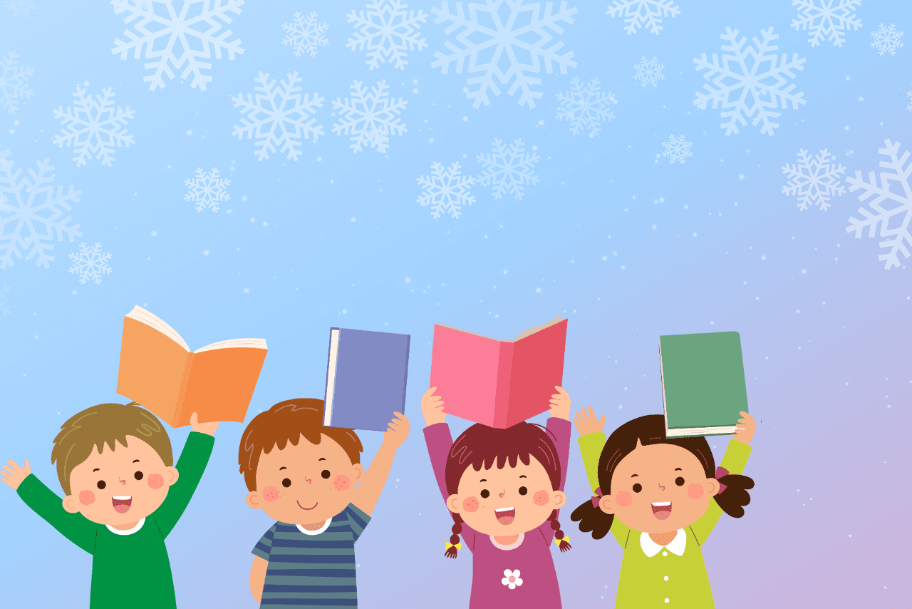 kids holding up books with winter background