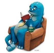 dino reading in an armchair