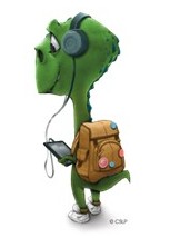 dino with backpack and listening to an audiobook