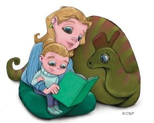 parent reading with child near dino