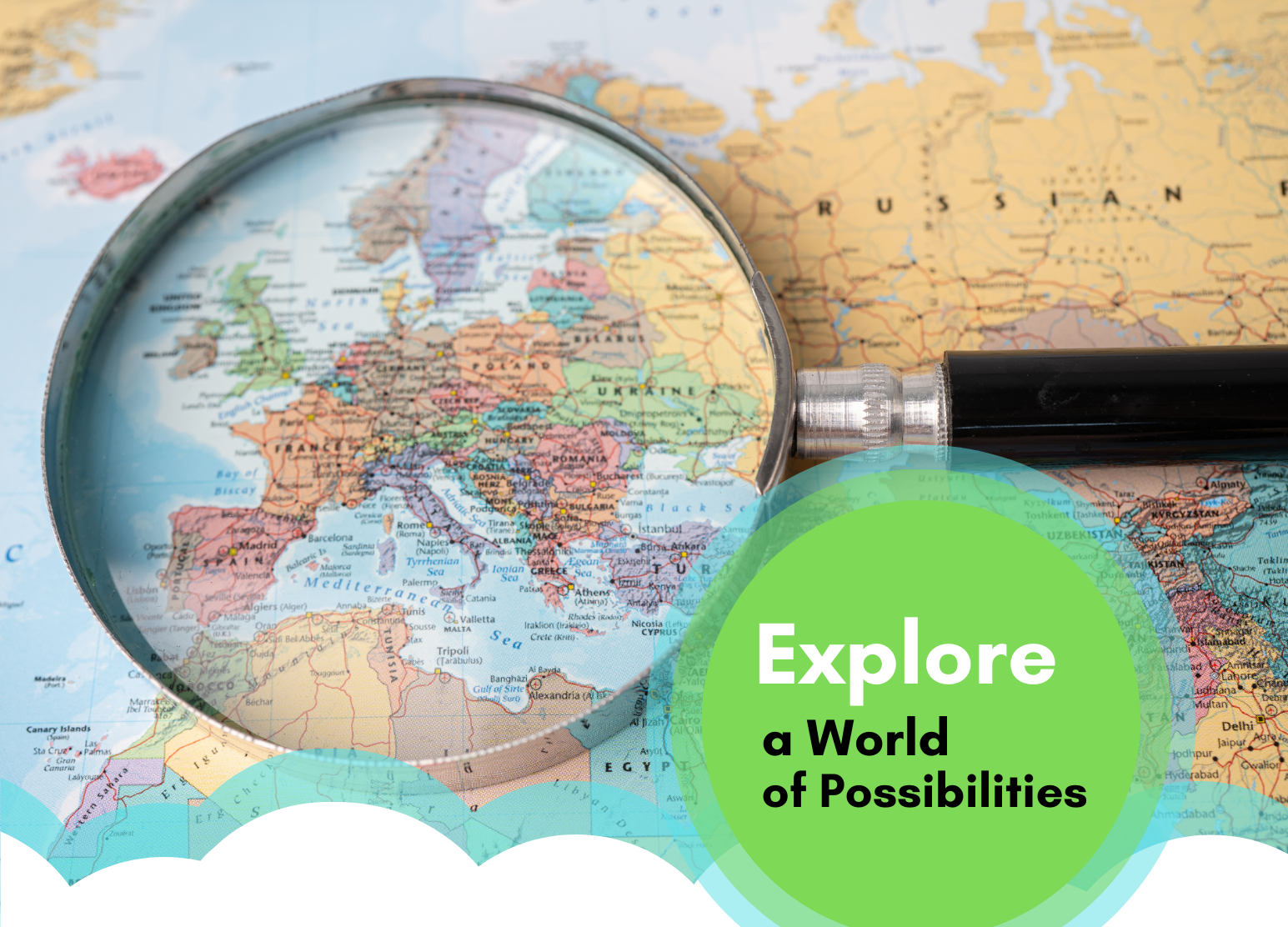 "Explore a World of Possibilities" on map with magnifying glass