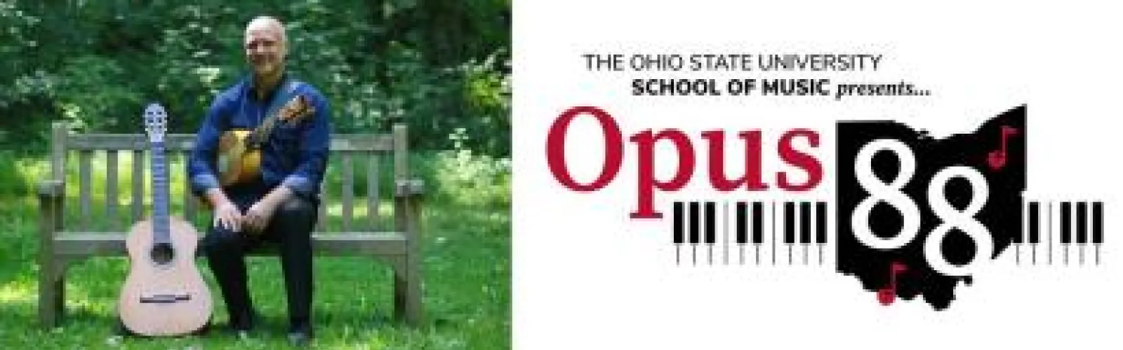 "The Ohio State University School of Music presents Opus 88" with Ohio state outline with number 88 and piano keys 