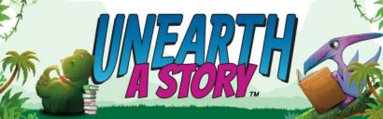 "Unearth a Story" with 2 dinosaurs holding books